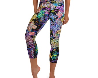 Women’s Capri Leggings, Abstract Art Print Yoga Pants, Colorful High Waist Leggings, Boho Activewear,  Butterflies in Orbit Design