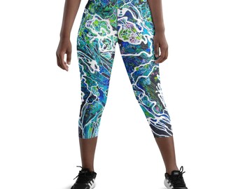 Women’s Capri Leggings, Abstract Art Print Yoga Pants, Colorful High Waist Leggings, Boho Activewear,  Pathways