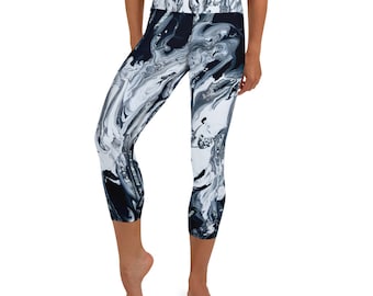 Women’s Capri Leggings, Abstract Art Print Yoga Pants, Colorful High Waist Leggings, Boho Activewear,  Stormy Night & Wild Ocean