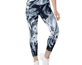 Crossover Leggings for Women, 2XS-6XL,  Yoga Pants, Pockets, Fashion Leggings, Stretchy Polyester Spandex, Stormy Night and Wild Ocean