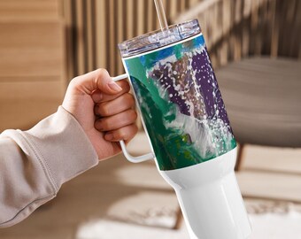 Elephant Travel Mug, Large, 40oz, Stainless Steel, Straw, Screw-on Lid, Handle, Fits Cupholders, Spill-Proof, Out of The Greenery
