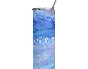 Stainless Steel Tumbler, Original Abstract Art:  White Cityscapes, Mug, Cup, Metal Straw, Hot, Cold, Drinks, Lid, Great Gift!