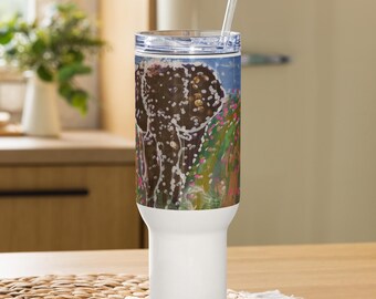 Elephant Travel Mug, Large, 40oz, Stainless Steel, Straw, Screw-on Lid, Handle, Fits Cupholders, Spill-Proof, Emerging From The Pink Plain