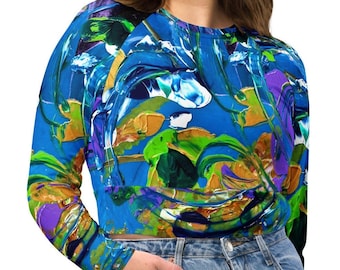 Women's Long Sleeve Crop Top, Swimming, Sport, Athletic Wear, Gift For Her, Gift For Mom, Art Inspired, Fashion, Art: Space Dance