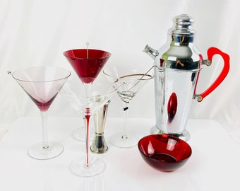 Vintage Chrome Cocktail Shaker and Martini Glasses with Red Accents/ Valentines Gifts