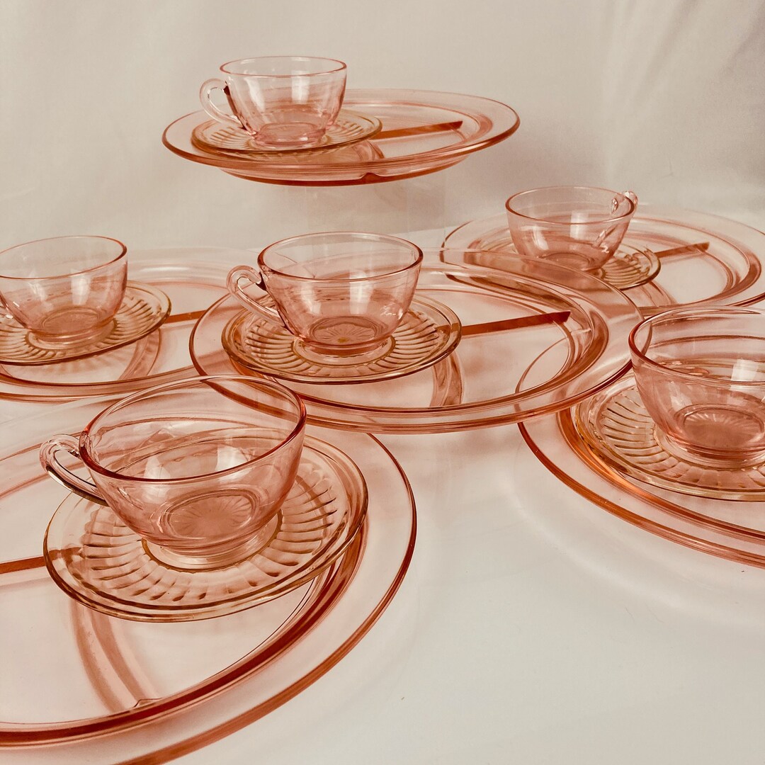 Pink Depression Glass Dishes, 6 Person Serving Set, CIRCA 1932