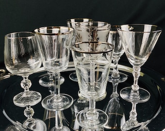 Mid Century Platinum Gold Selection of Crystal Wine Glasses, Set of 8 Crystal  Water Goblets