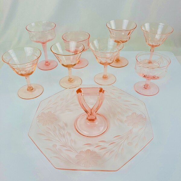 Exquisite Pink Depression Glass Cocktail Set, Circa 1930, 9 Piece Depression Glass Collection