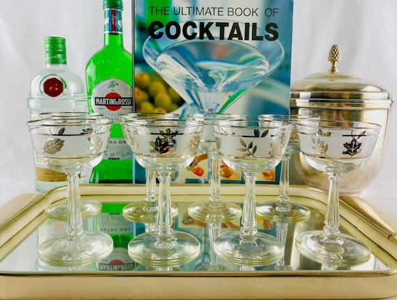 Mid Century Cocktail Glasses, Set of 8 Platinum Foliage Sherry