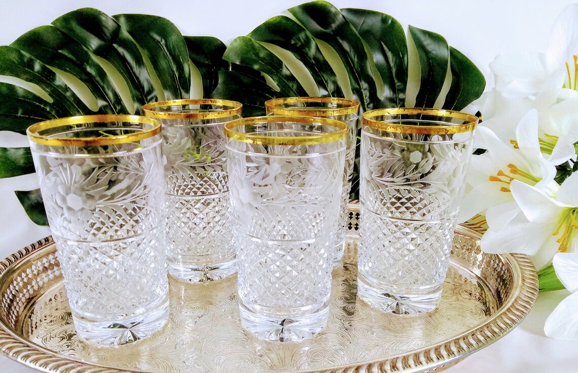 Exquisite Crystal Highball Glasses with Gold Trim 5 Etsy