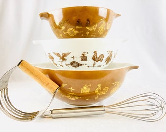 3 Vintage Pyrex Early American Cinderella Mixing Bowls Set, CIRCA 1962-1971, With Pastry Blender and Whisk Shown