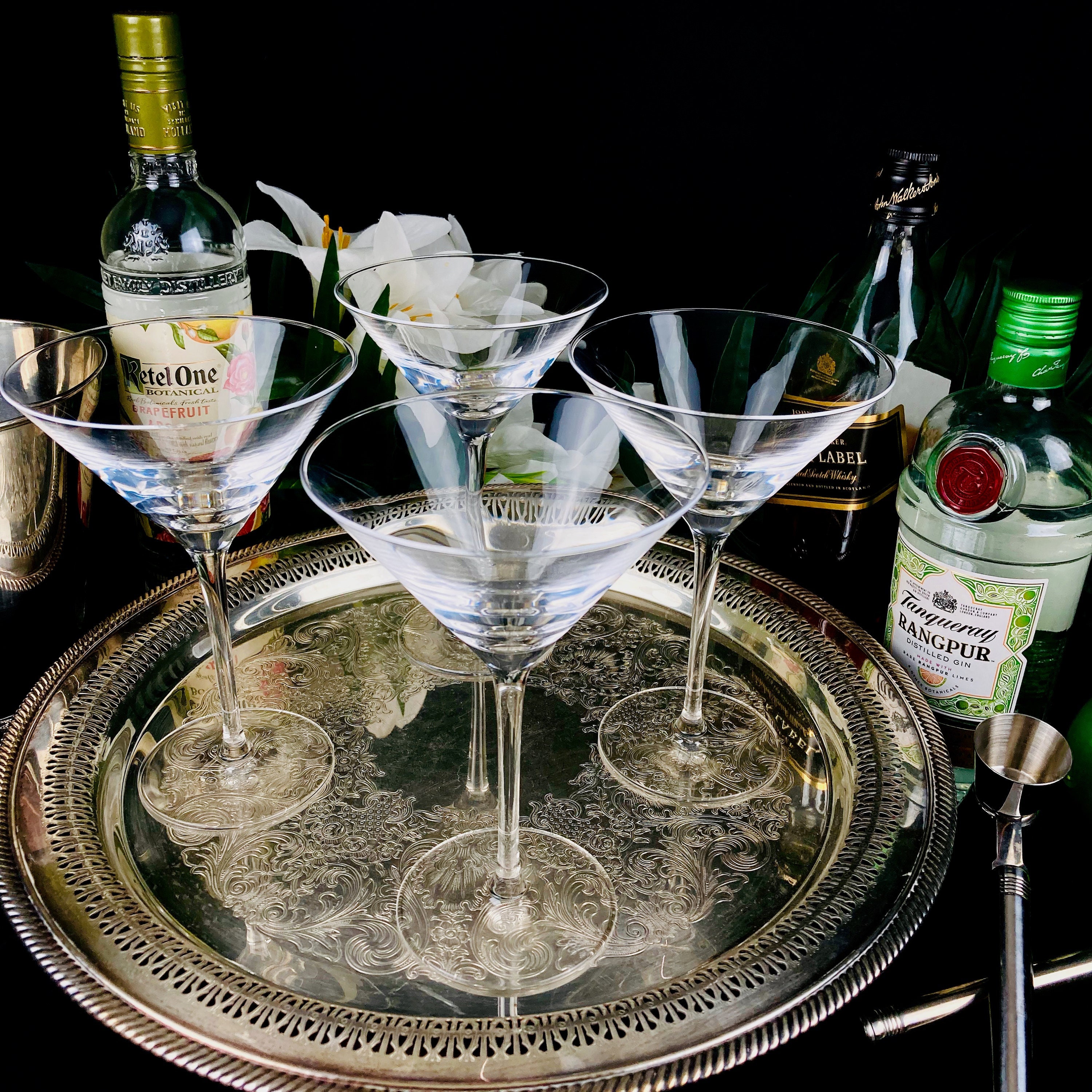 Vintage Martini Set, 4 Martini Glasses & Stainless Steel Cocktail