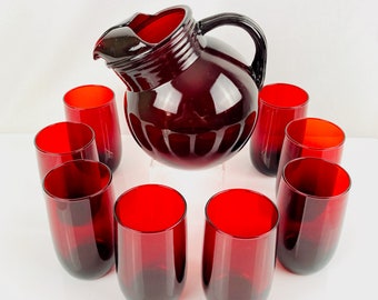 Vintage Ruby Glass Pitcher and Juice Glasses, CIRCA 1945, 9 Piece Set