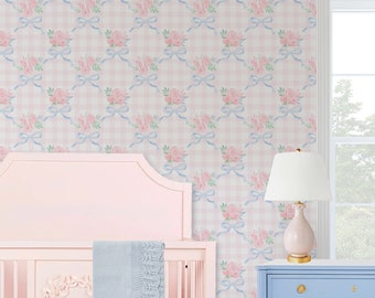 Papier peint grand millénaire, papier peint floral preppy pour chambre d'enfant, papier peint vichy rose noeuds bleus, papier peint amovible, papier peint peel and stick