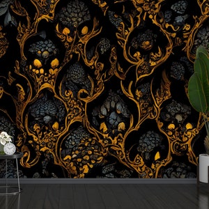 Dark Gothic Peel and Stick Wallpaper, Victorian Damask Removable Wallpaper, Grunge Pattern Self Adhesive Wall Mural