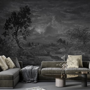 Dark Gothic Peel and Stick Wallpaper, Black Victorian Removable Wallpaper, Moody Landscape Painting Self Adhesive Wall Mural