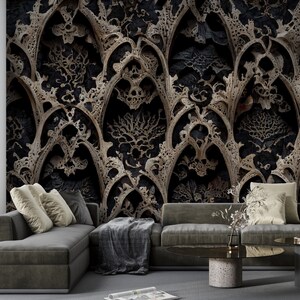 Gothic Damask Peel and Stick Wallpaper, Dark Victorian Removable Wallpaper, Grunge Pattern Self Adhesive Wall Mural