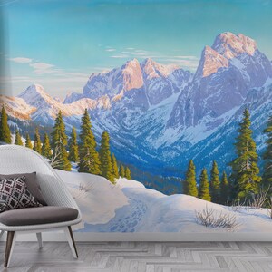 Mountain Peel and Stick Wallpaper, White Snow and Pine Tree Removable Wallpaper, Landscape Painting Self Adhesive Wall Mural