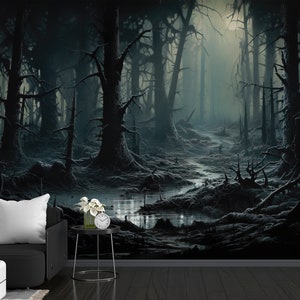 Gothic Forest Peel and Stick Wallpaper, Dark Helloween Removable Wallpaper, Misty Woods Self Adhesive Wall Mural