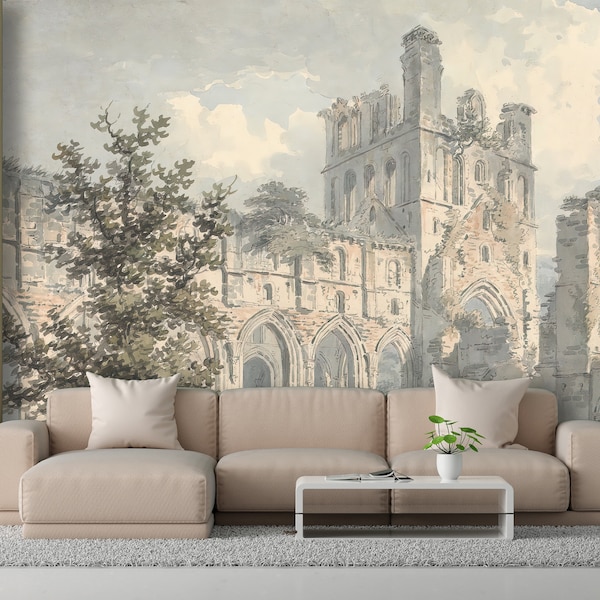Ruines du château gothique Peel and Stick Wallpaper, papier peint amovible de peinture d’art victorien, peinture murale auto-adhésive vintage