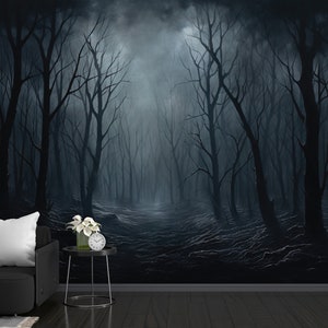 Gothic Forest Peel and Stick Wallpaper, Dark Scary Trees Removable Wallpaper, Foggy Woods Self Adhesive Wall Mural