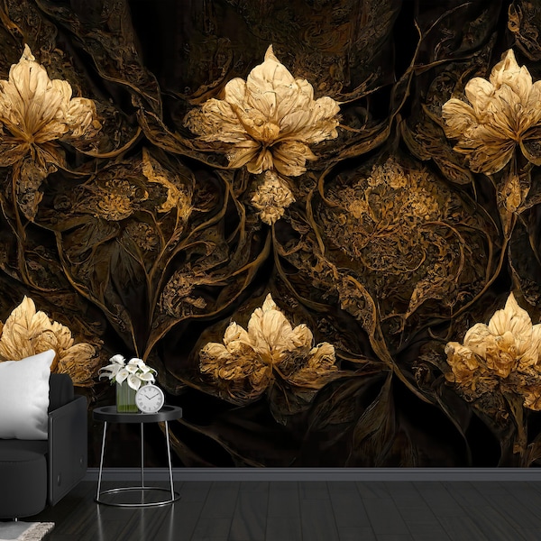 Gothic Damask Peel and Stick Wallpaper, Dark Victorian Removable Wallpaper, Floral Grunge Self Adhesive Wall Mural