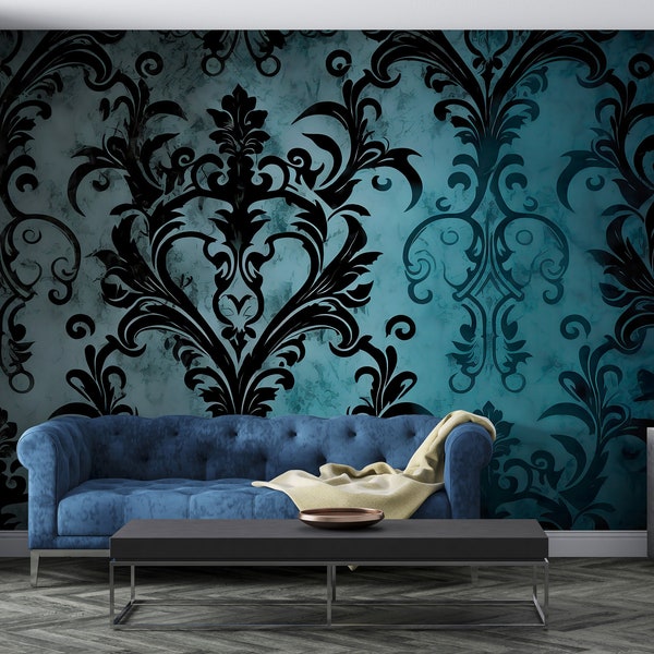 Gotische damast Peel en Stick Wallpaper, donker Victoriaans verwisselbaar behang, Grunge patroon zelfklevende muur muurschildering