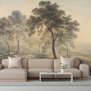 Trees Landscape Peel and Stick Wallpaper, Rural Sunrise Removable Wallpaper, Antique River Painting Self Adhesive Wall Mural