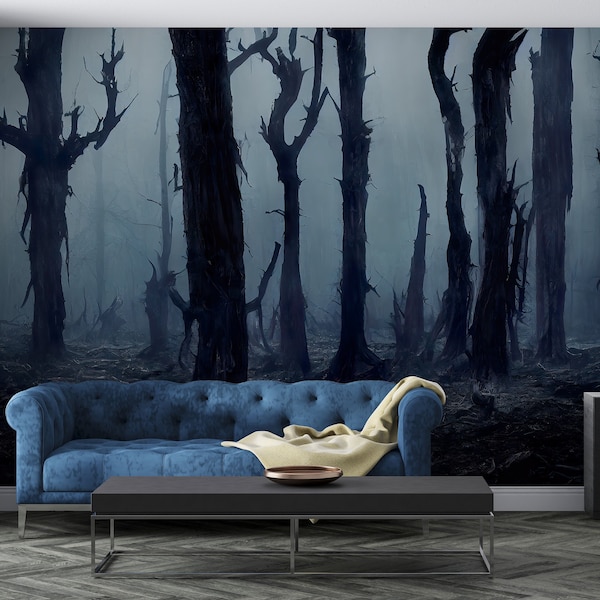 Dark Trees Peel and Stick Wallpaper, Misty Blue Forest Removable Wallpaper, Foggy Woods Self Adhesive Wall Mural