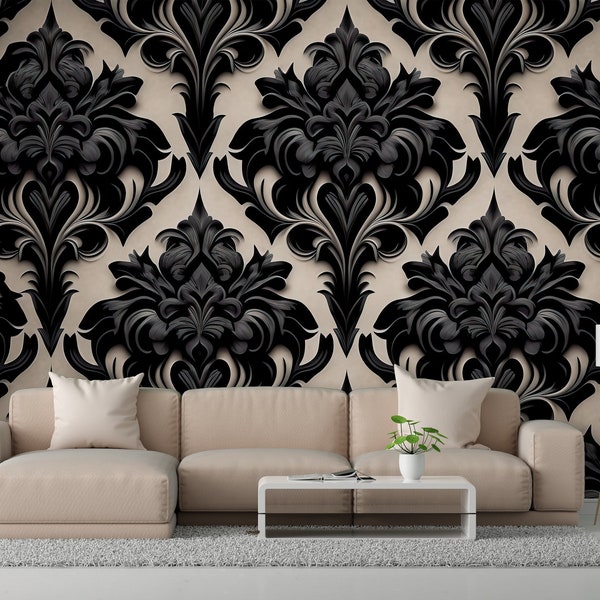 Gothic Damask Peel and Stick Wallpaper, Dark Victorian Removable Wallpaper, Grunge Pattern Self Adhesive Wall Mural
