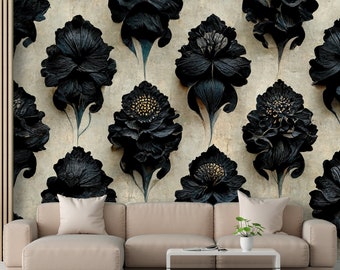 Gothic Damask Peel and Stick Wallpaper, Dark Victorian Removable Wallpaper, Grunge Pattern Self Adhesive Wall Mural