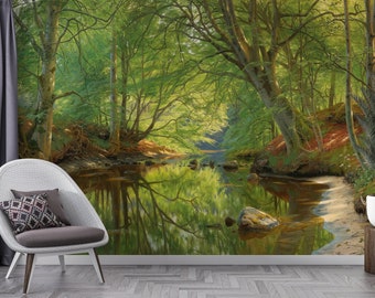 Forest Lake Peel and Stick Wallpaper, Papier peint amovible botanique vert, Peinture murale auto-adhésive de peinture de paysage