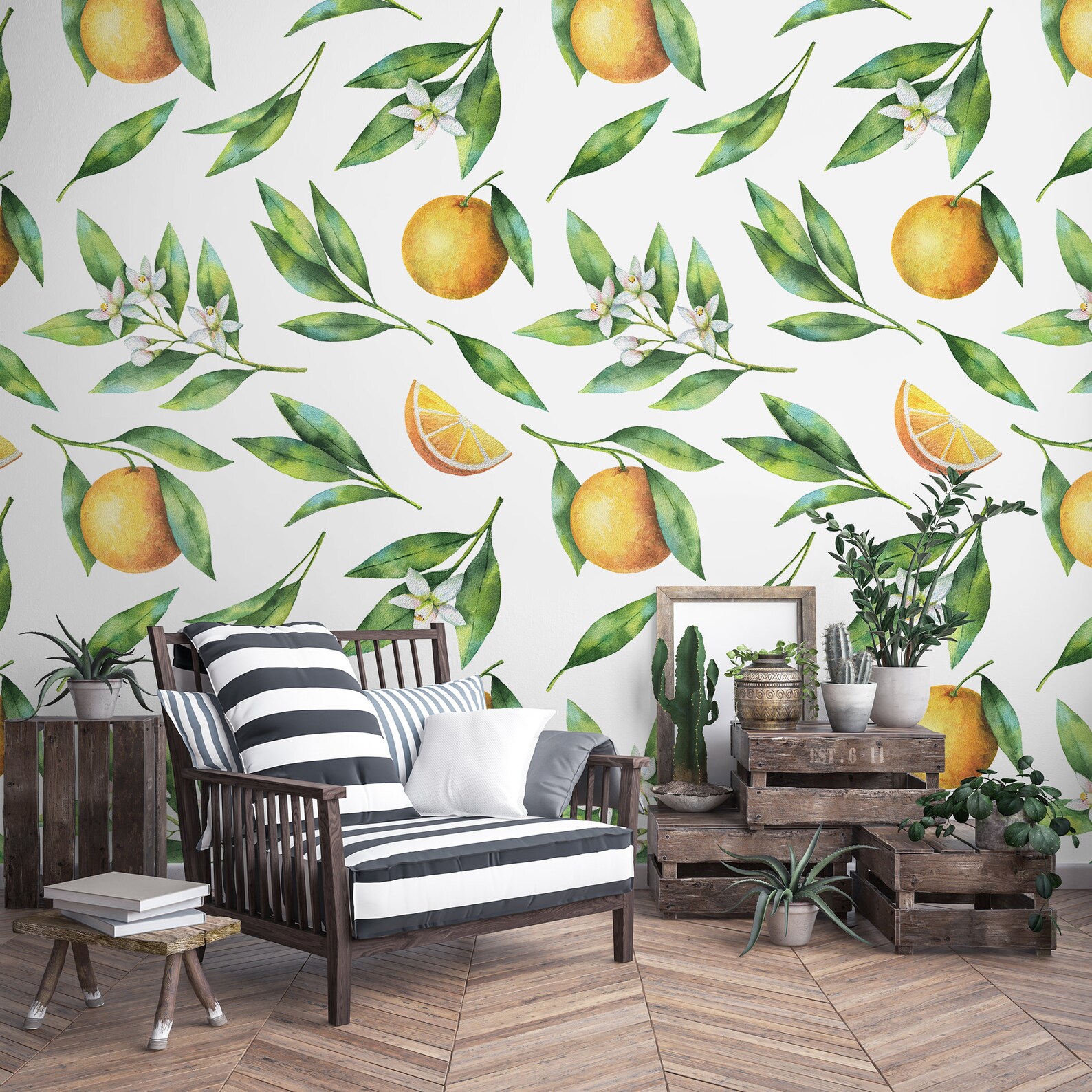 Orange Removable Wallpaper Floral Mandarin Self Adhesive Wall Etsy