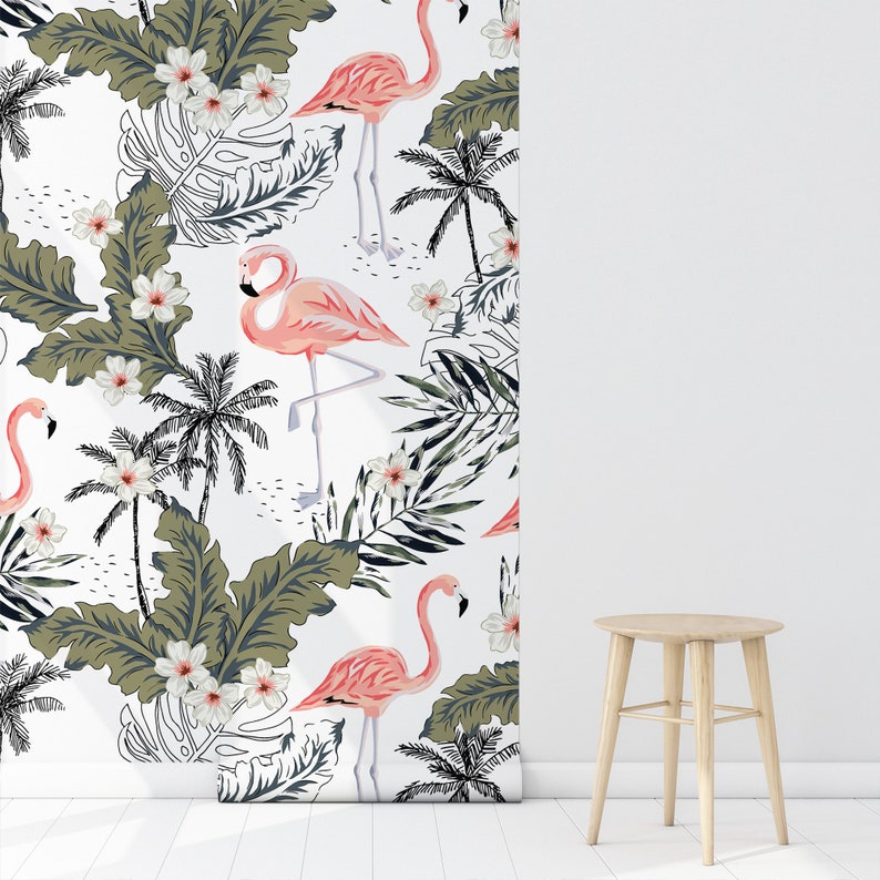 Pink Flamingo Peel and Stick Wallpaper Botanical Removable Etsy