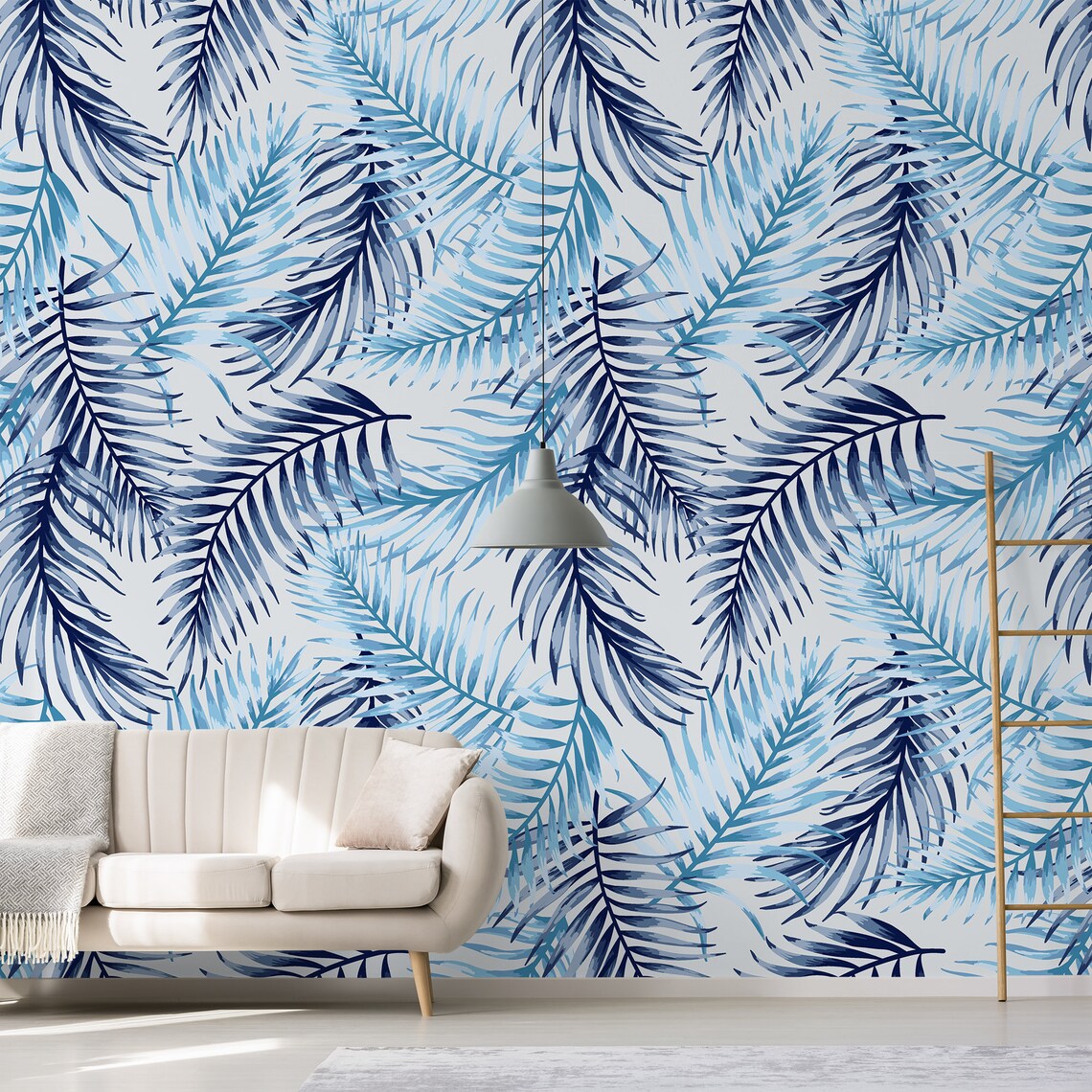 Blue Palm Leaf Removable Wallpaper, Tropical Leaves Self Adhesive Wall