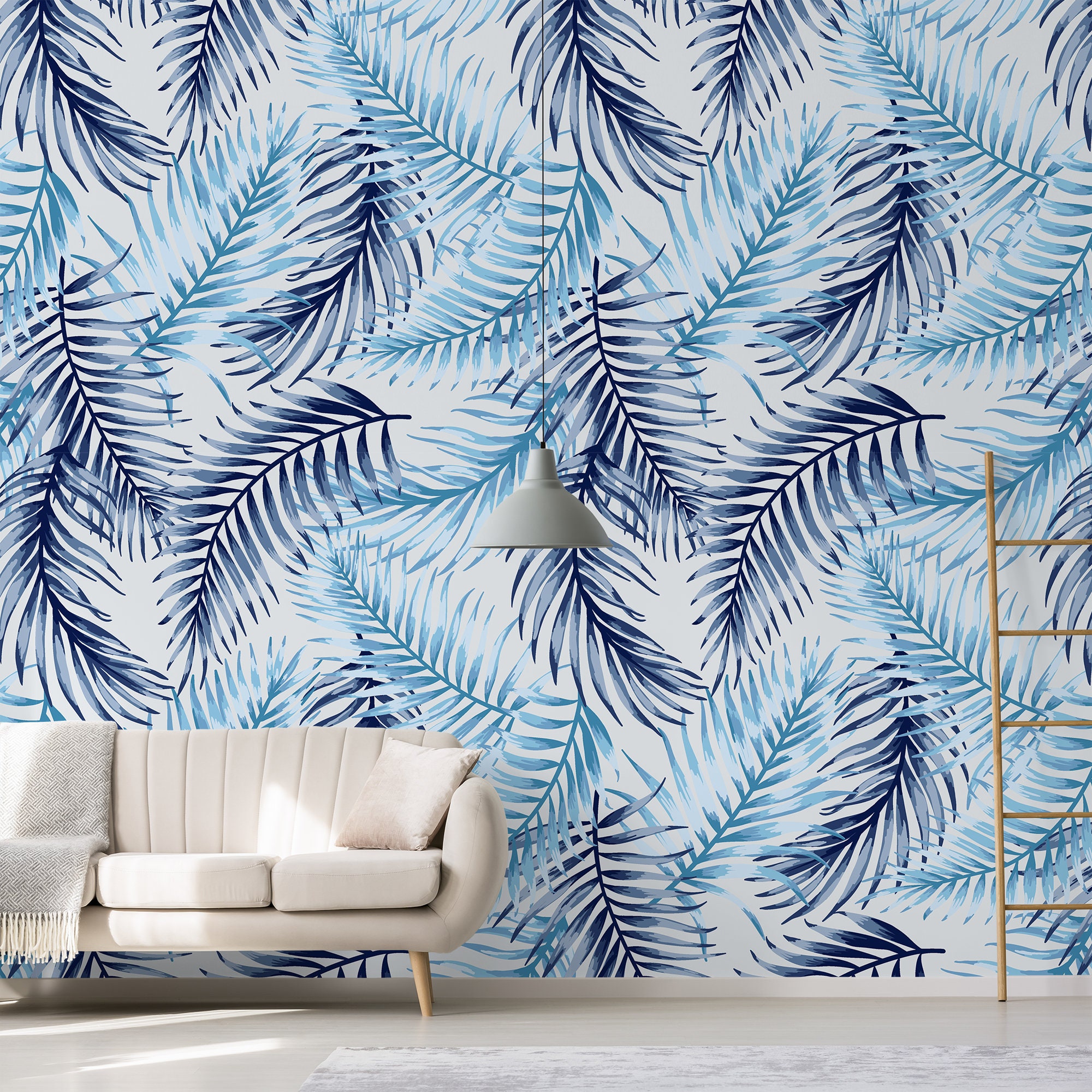 Blue Palm Leaf Removable Wallpaper, Tropical Leaves Self Adhesive Wall