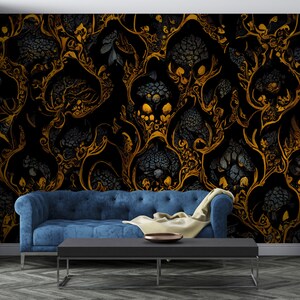 Dark Gothic Peel and Stick Wallpaper, Victorian Damask Removable