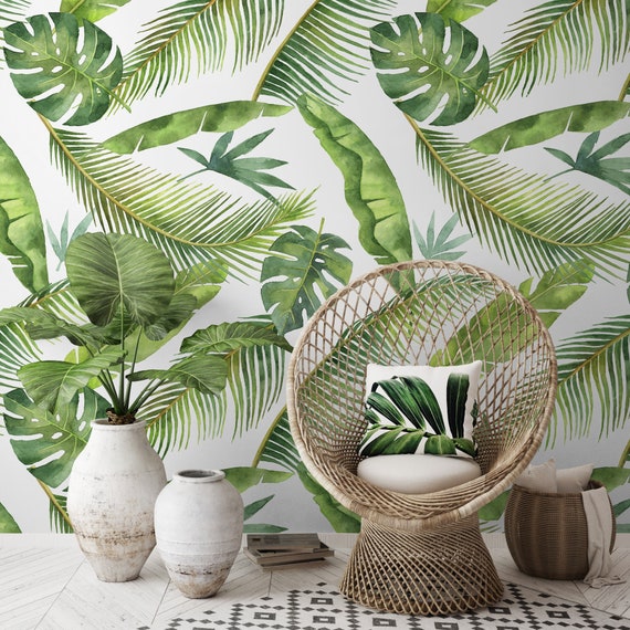 Peel-and-Stick Removable Wallpaper Leaves Green Palm Botanical Tropical Jungle
