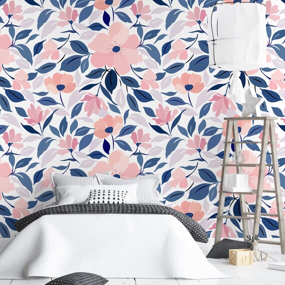 Pink Flowers Removable Wallpaper Girl Room Floral Self Adhesive Wall Mural Kids Nursery Peel Stick Decal Cute Botanical Temporary Decor