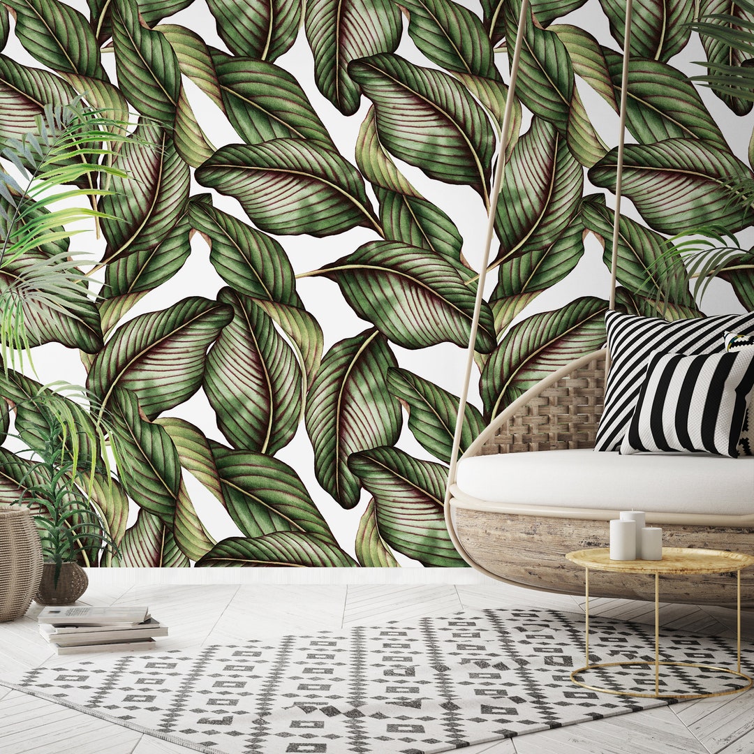 Tropical Leaves Removable Wallpaper Green Floral Self Etsy