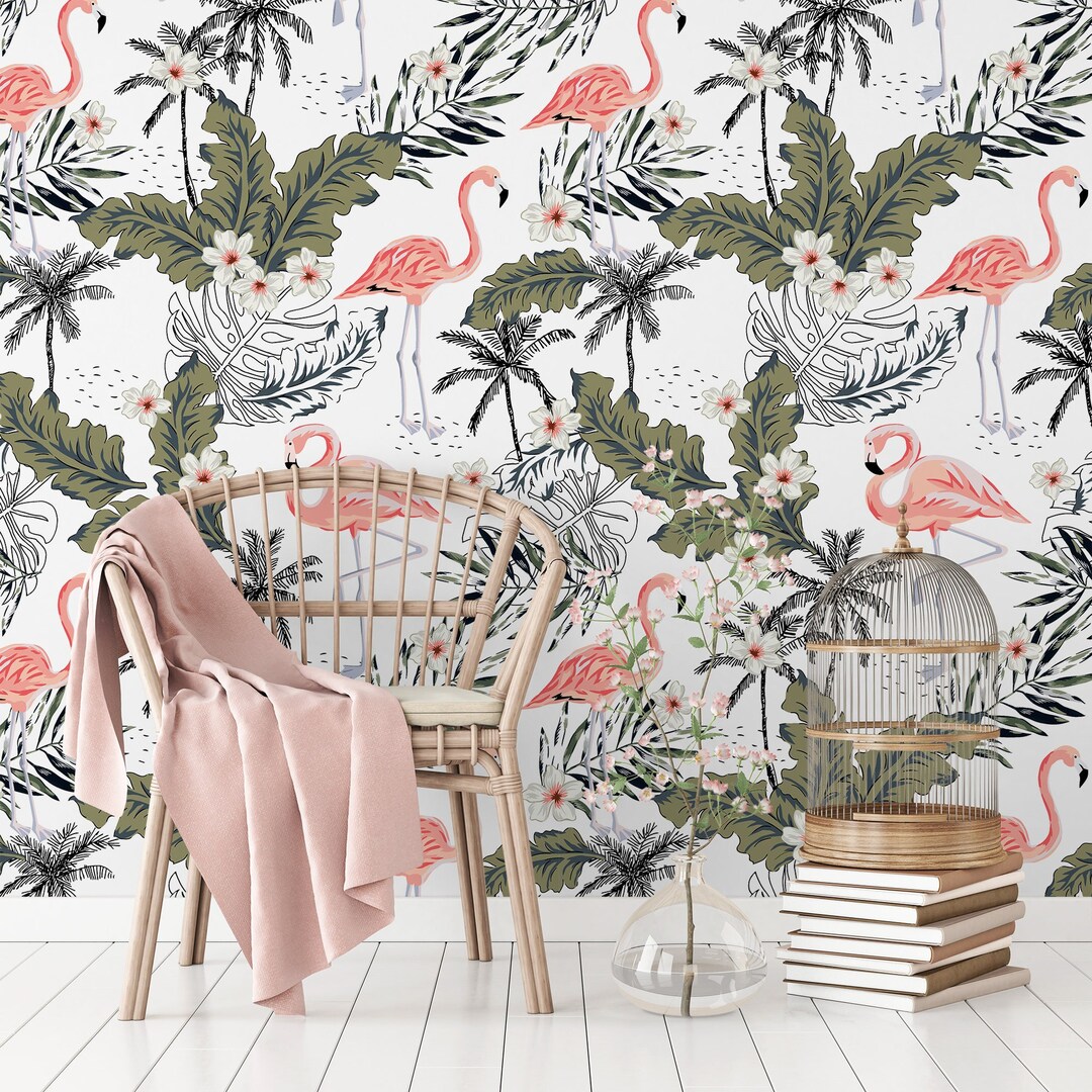 Pink Flamingo Peel and Stick Wallpaper Botanical Removable Etsy