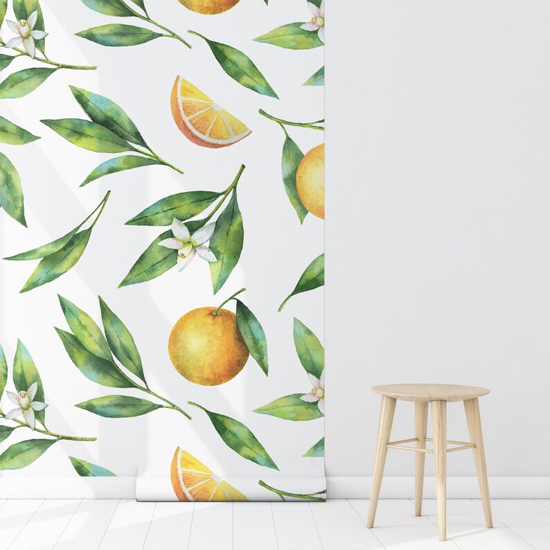 Orange Removable Wallpaper Floral Mandarin Self Adhesive Wall Etsy