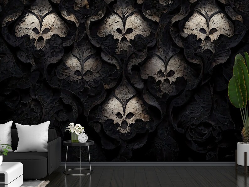 Dark Gothic Peel and Stick Wallpaper, Victorian Damask Removable