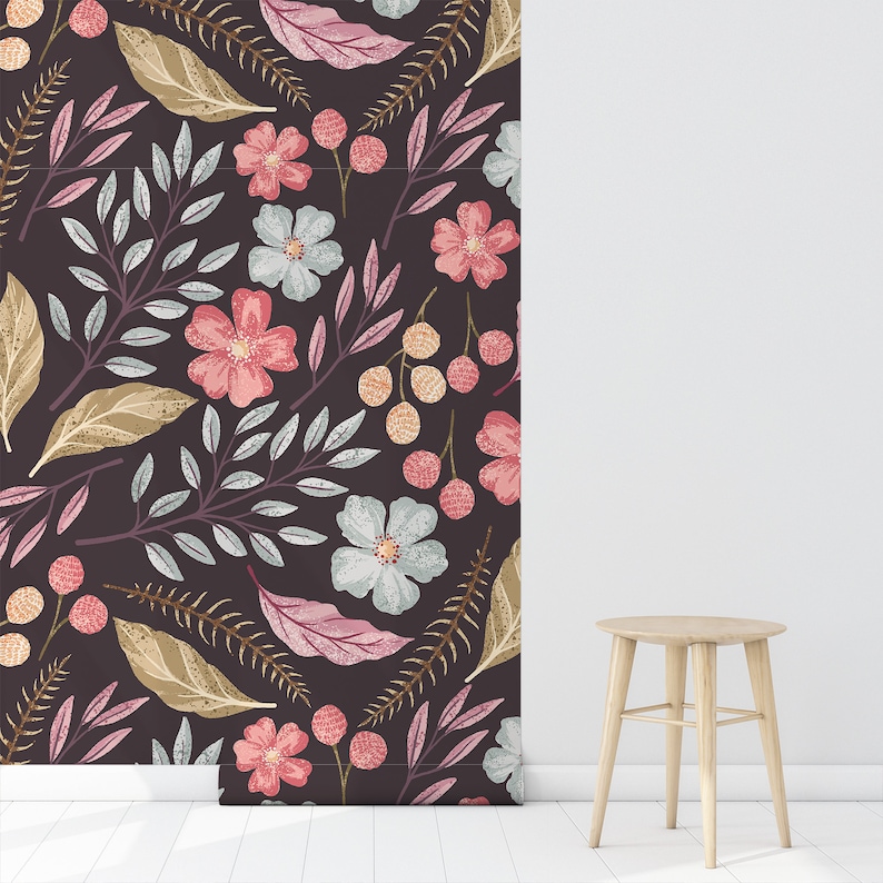 Leaves Peel /& Stick Decal Vintage Flowers Self Adhesive Wall Mural Botany Blossom Temporary Wall Decor Dark Floral Removable Wallpaper
