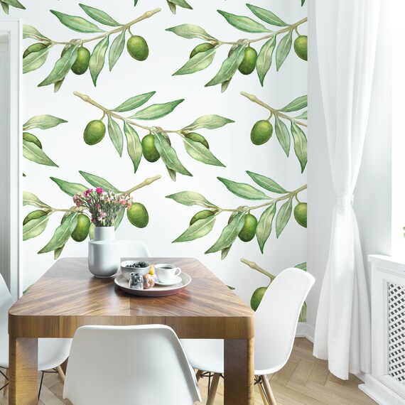 Watercolor Christmas berries with Scandinavian nature design Floral Wallpaper Peel and Stick Removable wallpaper Green Home Decor