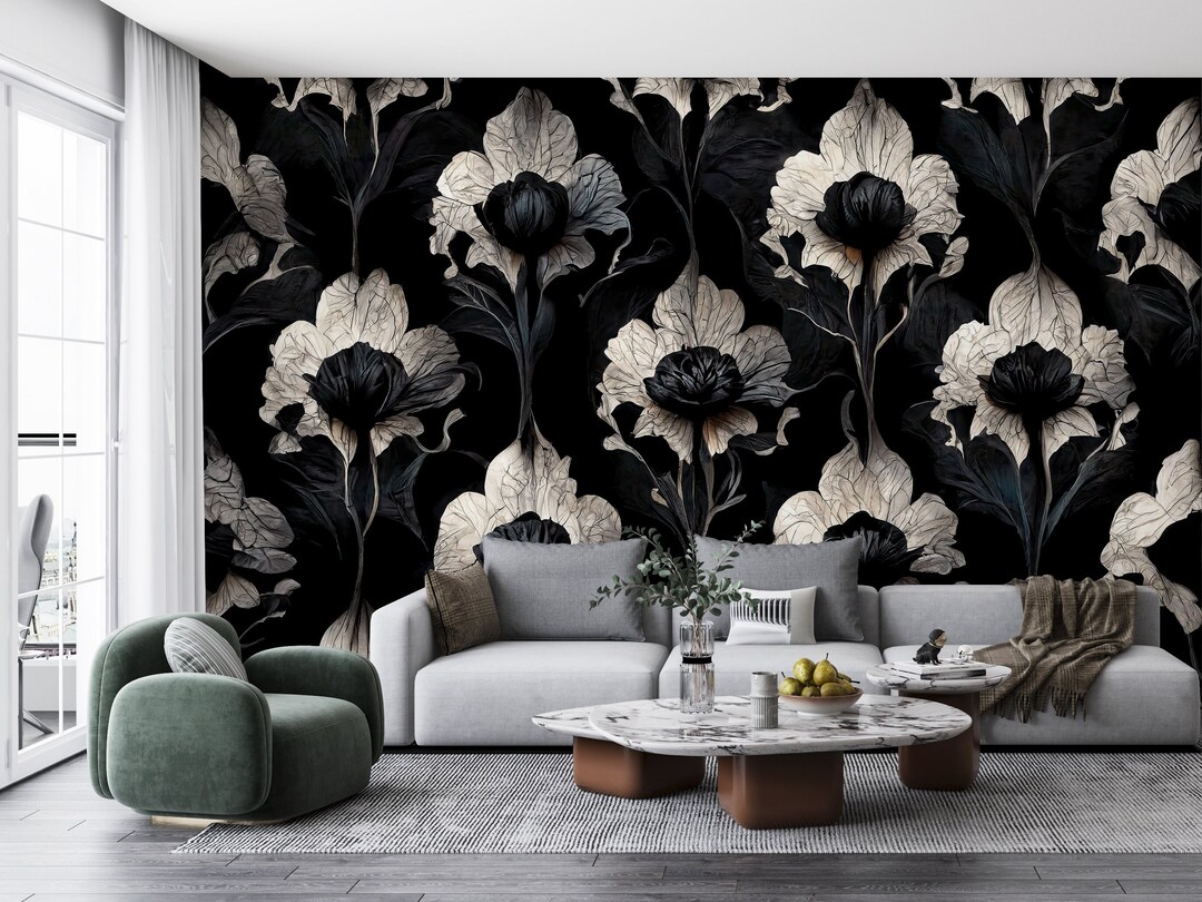 Dark Damask Peel and Stick Wallpaper, Black Victorian Removable
