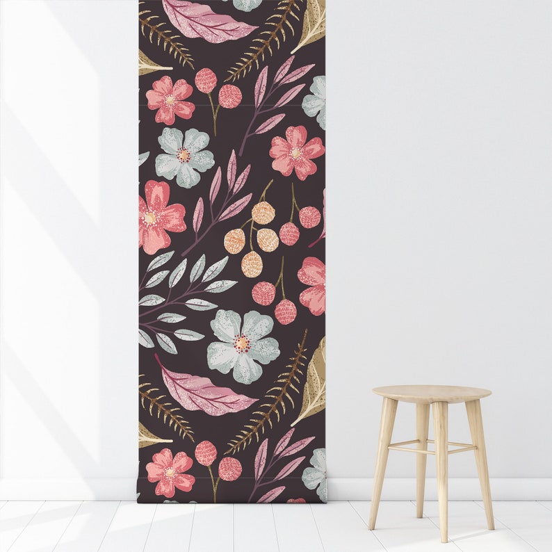 Leaves Peel /& Stick Decal Vintage Flowers Self Adhesive Wall Mural Botany Blossom Temporary Wall Decor Dark Floral Removable Wallpaper