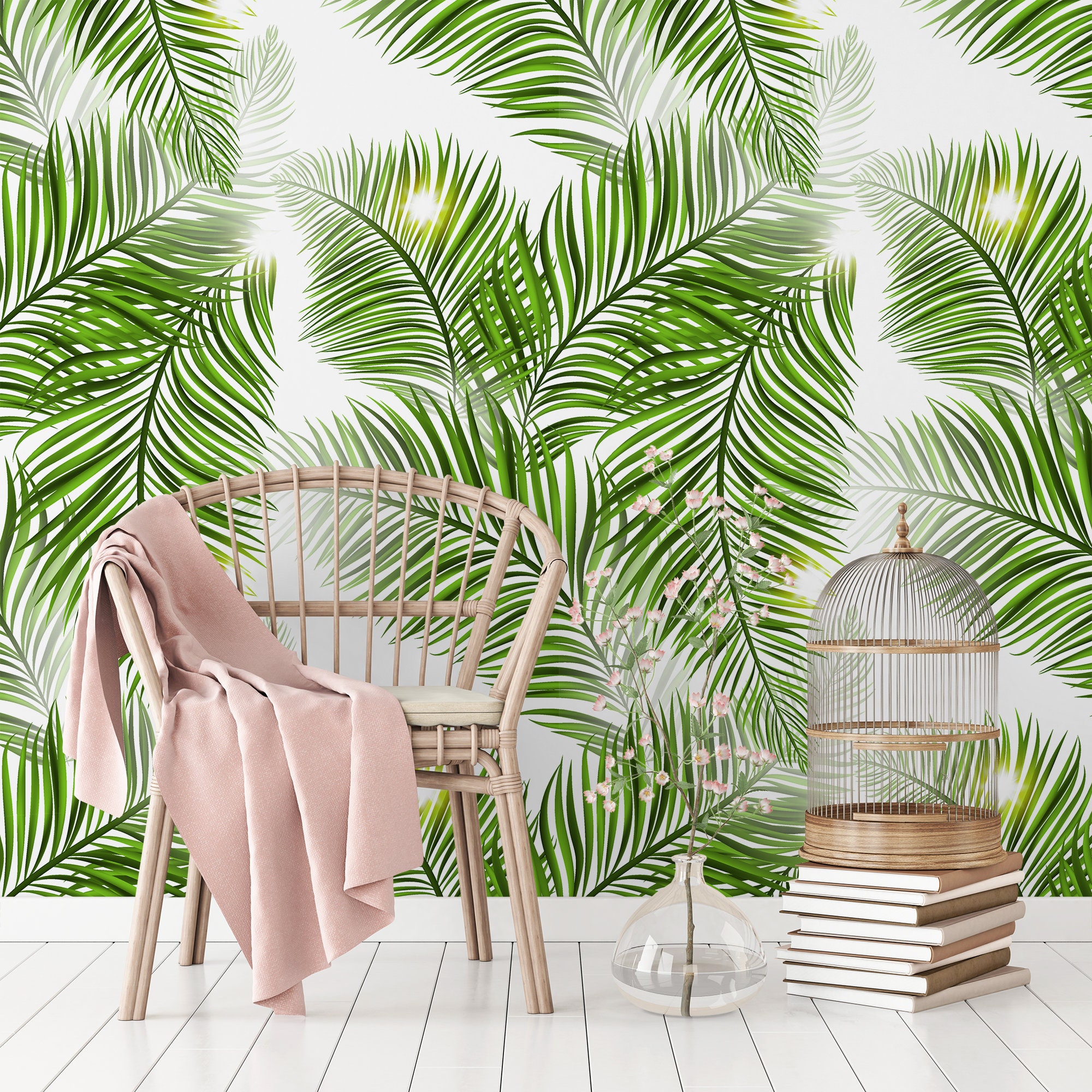Tropical Summer Removable Wallpaper Palm Leaves Self Adhesive Etsy