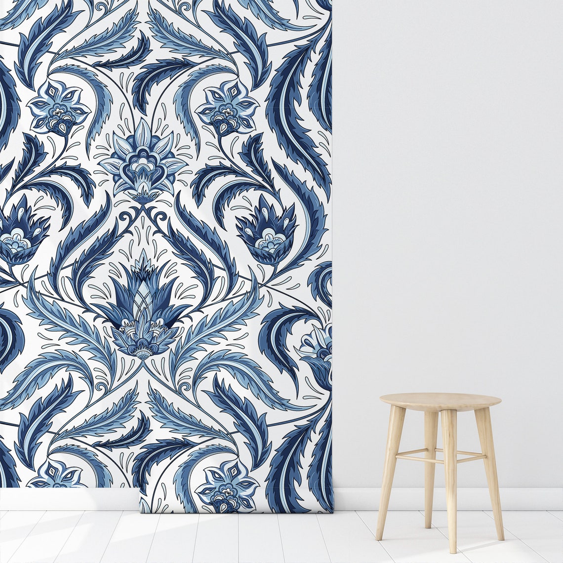 Retro Floral Removable Wallpaper Blue Flowers Self Adhesive Etsy