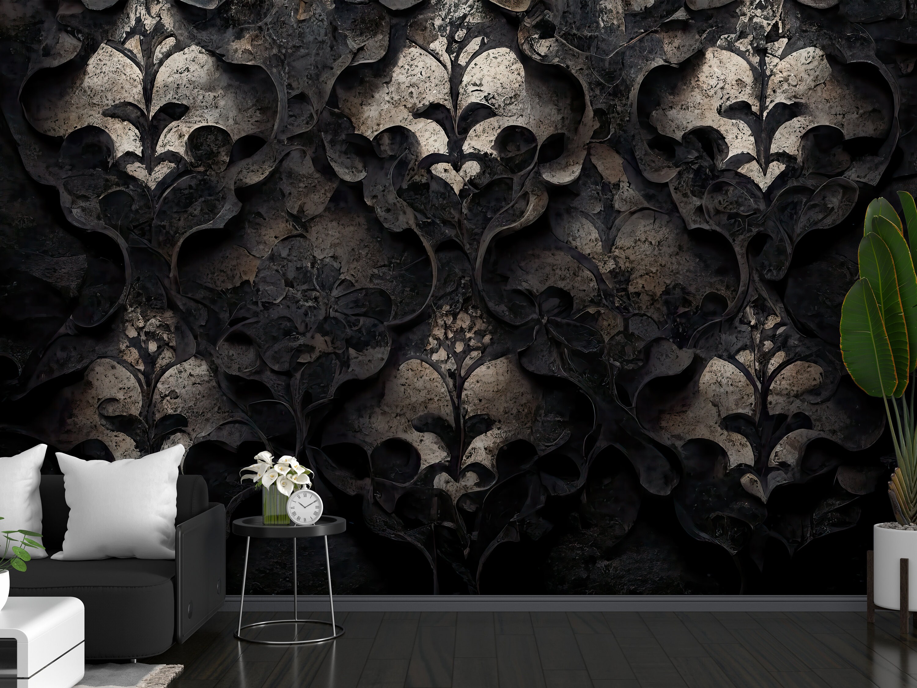 Grunge Damask Peel and Stick Wallpaper, Dark Gothic Removable Wallpaper